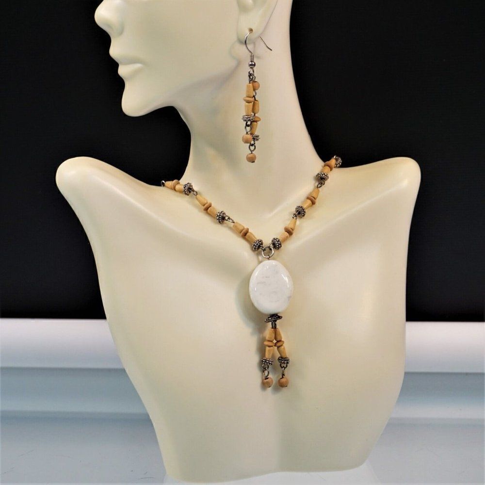Boho Festival Necklace Earring Set Wood Silver Beads Christina Collection